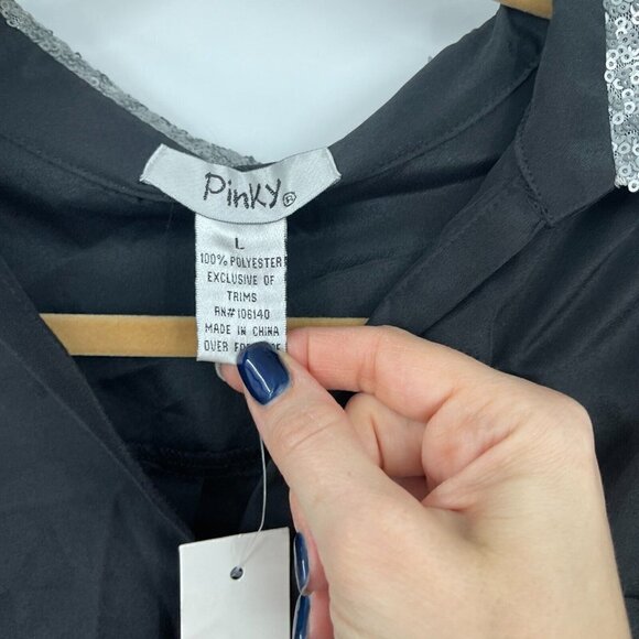 Pinky Juniors Dress Large Black Collared Sequins Short Casual Roll Tab Dressy - Picture 10 of 15